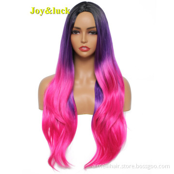 Long Natural Wavy Wig for Women Middle Part Daily Hair or Halloween Party Cosplay Wig Black Ombre Purple Synthetic Hair Wigs